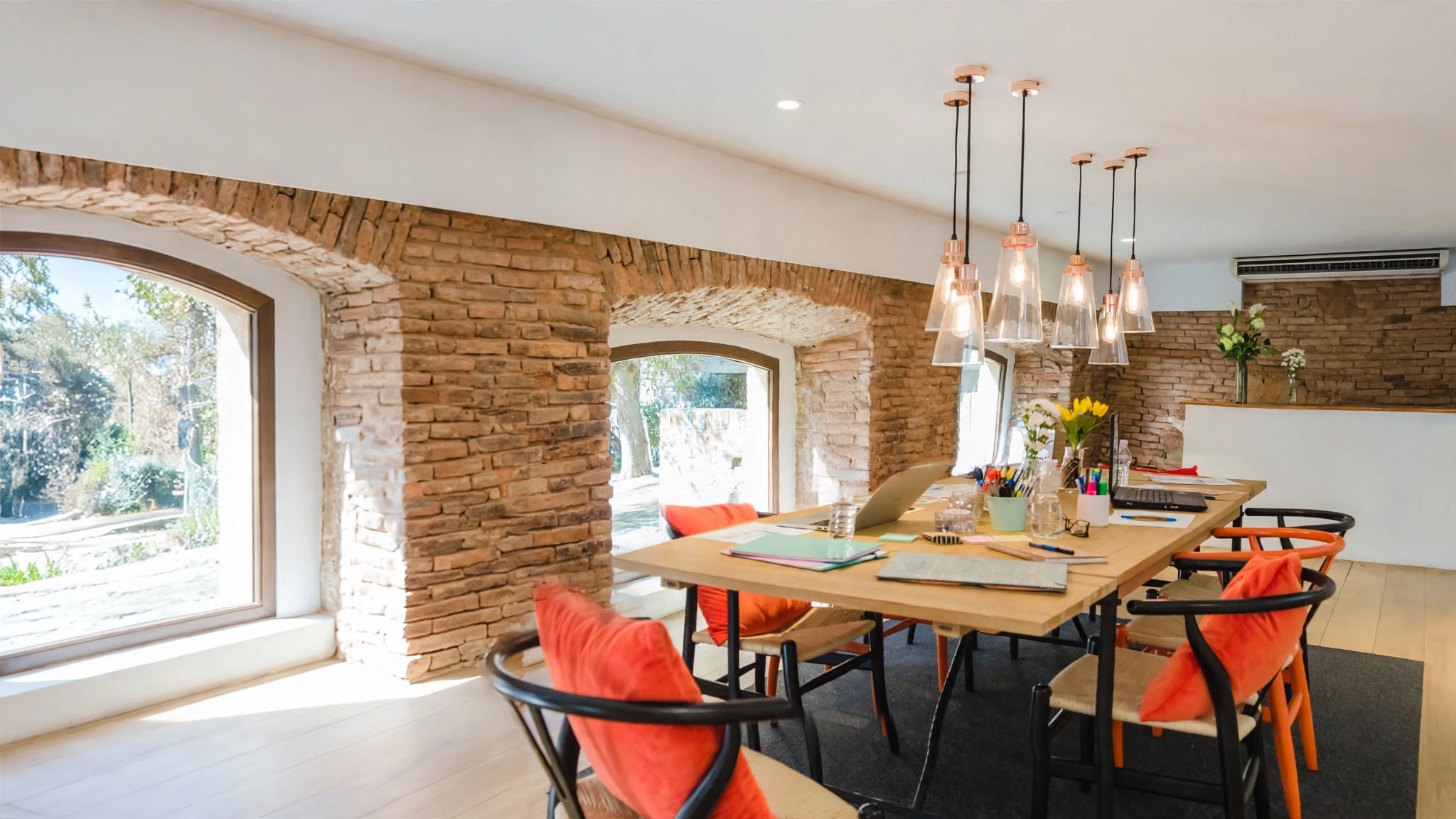 Comedor con lámparas colgantes Opalux sobre una pared de ladrillo