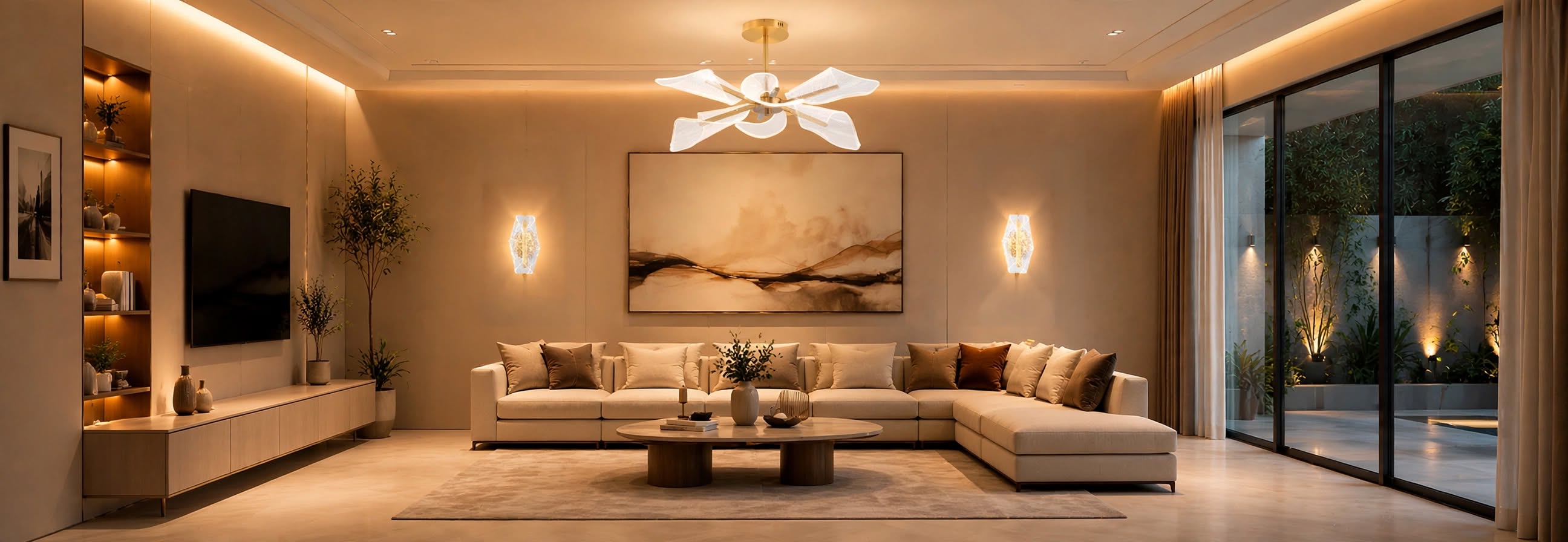 Salón moderno iluminado con lámpara de techo y apliques Opalux